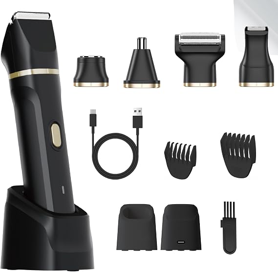 Electric Razors for Women, 5-in-1 Wet/Dry Bikini Trimmer with USB Charge Dock, Deluxe Facial Hair Removal, Wet/Dry Body Shaver for Nose Eyebrows Beard Underarm Leg Arm, IPX7 Waterproof (Black)