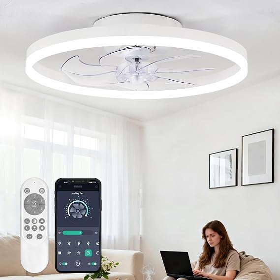 20 Low Profile Ceiling Fans with Lights and Remote & APP, Dimmable 3000-6500K LED Fandelier Ceiling Fan with Light, Modern Flush Mount Ceiling Fan Light for Living Room, Bedroom and Kitchen
