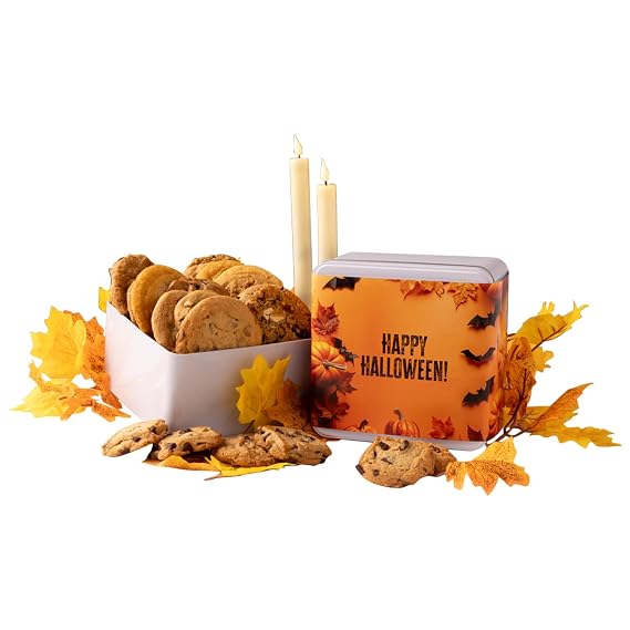 Carolina Cookie Company Happy Halloween Cookie Tin 12 Fresh Baked Gourmet Cookies Individually Wrapped Chocolate Chip White Chocolate Macadamia Oatmeal Raisin Sugar Gift Tin