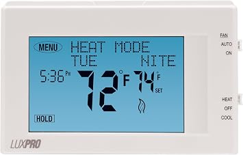 Lux Pro P721UT-010 TS 7 Day Programmable Thermostat; 2 Heat, 1 Cool, Horizontal Orientation; Batteries Included