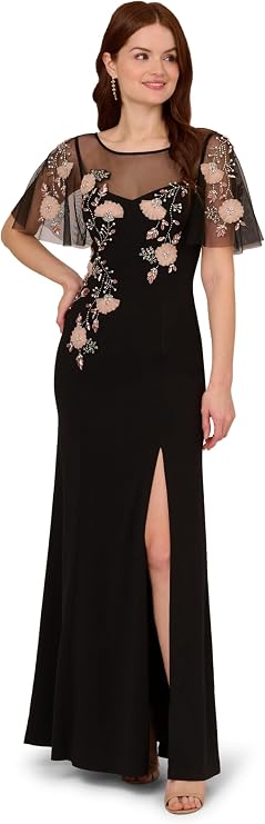 Adrianna Papell Women's Beaded Crepe Long Dress, Black Blush Multi