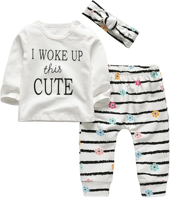 KuKitty 3Pcs Baby Girl Outfits Set Long Sleeve T-Shirt Tops Flowers Pants with Headband