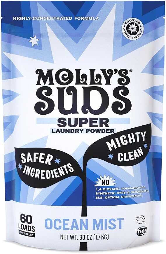 Molly's Suds Super Powder Detergent | Natural Extra Strength Laundry Soap, Stain Fighting | Sensitive Skin | Earth Derived Ingredients | Ocean Mist, 60 Loads