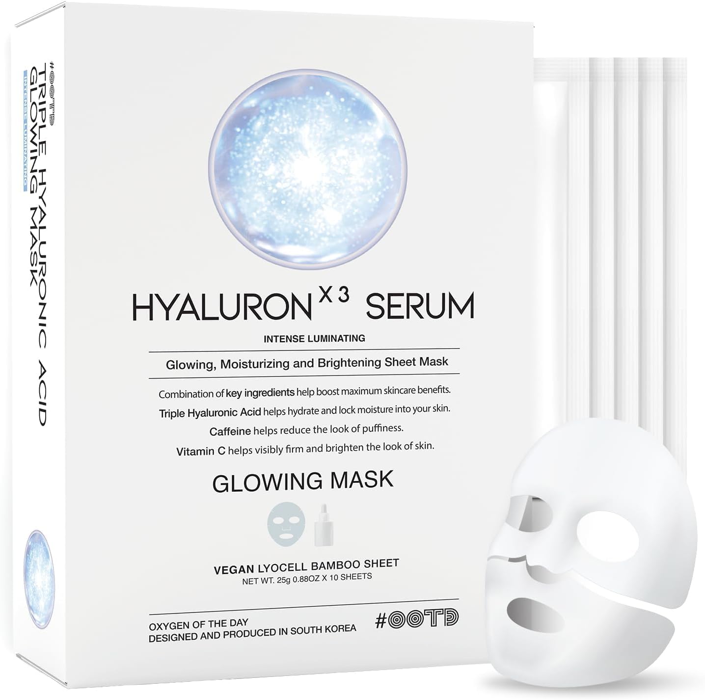 Triple Hyaluronic Acid Face Pack, Individually Packaged, #OOTD Set of 10 One Pack for Moist and Plump Skin, Daily Skin Care, High Adhesion, Mask Pack, Formulated with Vitamin C and Caffeine