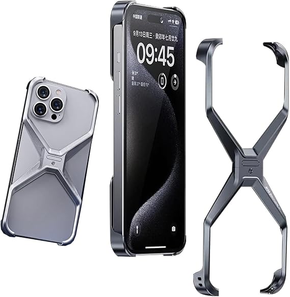 Frameless Metal Case for iPhone 13/14/15/16 Pro Max, Hollow Aluminum Alloy Bumper Cover with Shockproof Corner Pads, Heat Dissipation Design, Ultra-Thin Bare-Metal Feel, No Back Plate(Gray,15)