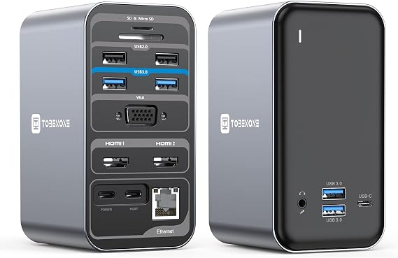 TobenONE USB C Laptop Docking Station Dual Monitor Plug and Play 7 USB Port | 2 HDMI+VGA, SD/microSD, Ethernet ,Audio, 65W Power Adapter,Dell/Lenovo/HP, for Home Office, Multi-Tasking Workflows