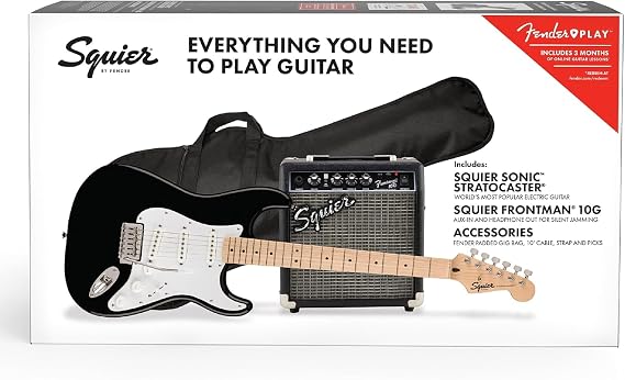 Squier Sonic Stratocaster Electric Guitar Pack, Includes Guitar Amp, Black