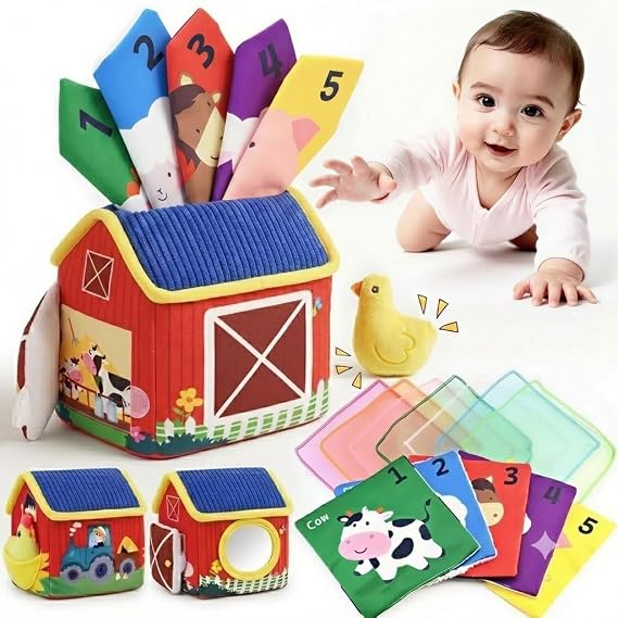 weirtoya Baby Tissue Box Toy-Montessori Sensory Activity Center for 6-18 Months,Farm Animals, Squeaky Sounds, Safety Mirror Play Silks, Top Choice for Baby Registry, Easter Baskets & Birthday Gifts