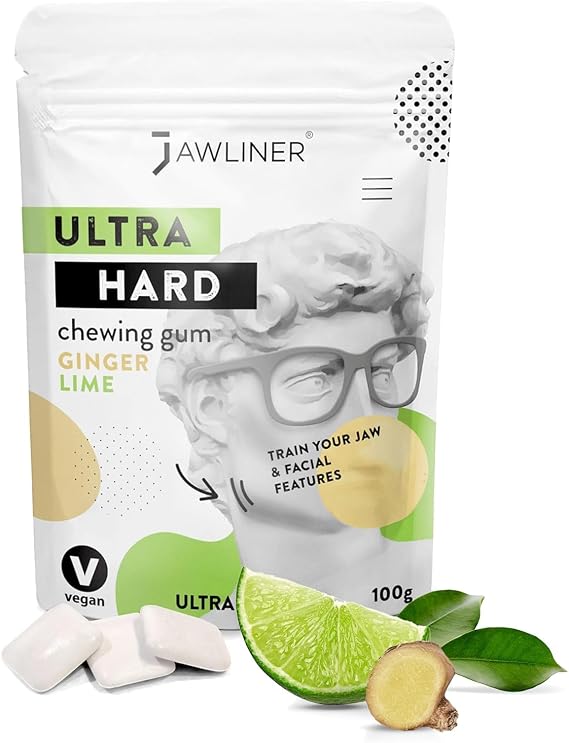 JAWLINER® Jawline Gum - Hard Chewing Gum for Jawline Exercise - 2-Month Pack - Jaw Gum for a Chiseled Jawline, Facial Fitness Chewing Gum, 10 X Stronger Gum (1 count (Pack of 1), Ginger Lime)