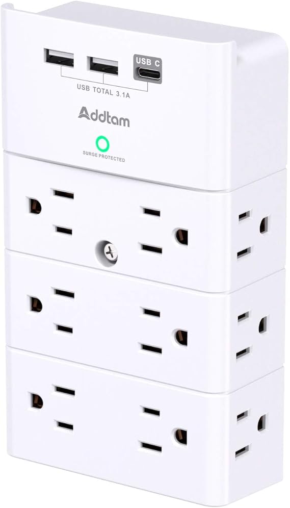 Addtam Outlet Extender with 12 AC Outlets and 3 USB Ports (1 USB-C), White