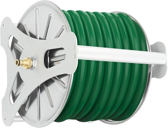131ft Wall Mount Garden Hose Reel Heavy-Duty Stainless Steel Storage Rack Professional Hose Holder Organizer with Quick-Connect for 0.63in Hoses for Gardens, Farms & Commercial Use