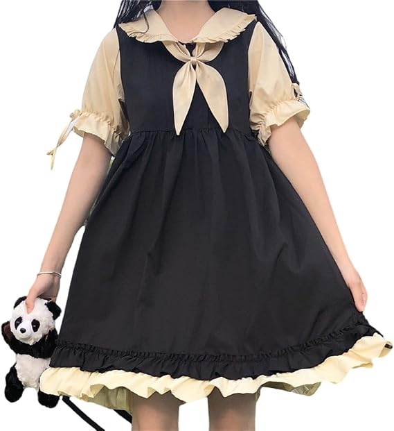 Lolita Dress Kawaii Lolita Dress Women Japanese Harajuku Dresses Short Sleeve Ruffles Patchwork Robe (Color : Black, Size : XX-Large)
