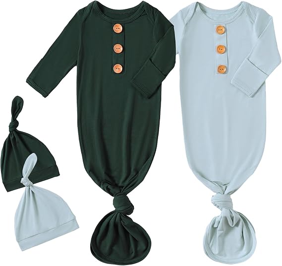 OPAWO Knotted Gown Baby Newborn Sleepers Baby Boy Coming Home Outfit, Bamboo Viscose Baby Gowns with Mitten Cuffs and Hat Set