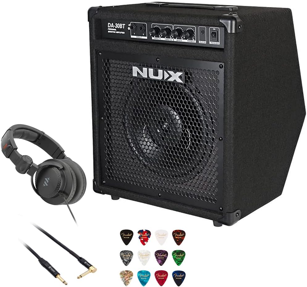 NUX DA-30BT Bluetooth Personal Monitor Amplifier Bundle with Polsen HPC-A30-MK2 Studio Monitor Headphones, Kopul 10 Instrument Cable, and Fender 12-Pack Picks