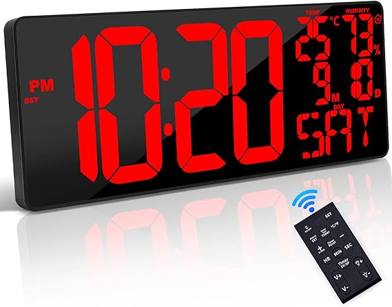 18" Large Digital Wall Clock, 5.9" Jumbo Numbers Remote Auto-Dimming | Built-in Date, Temp & Week Display; Supports DST & Adjustable Alarm; Ideal for Home, Office, Classroom & All Indoor Use