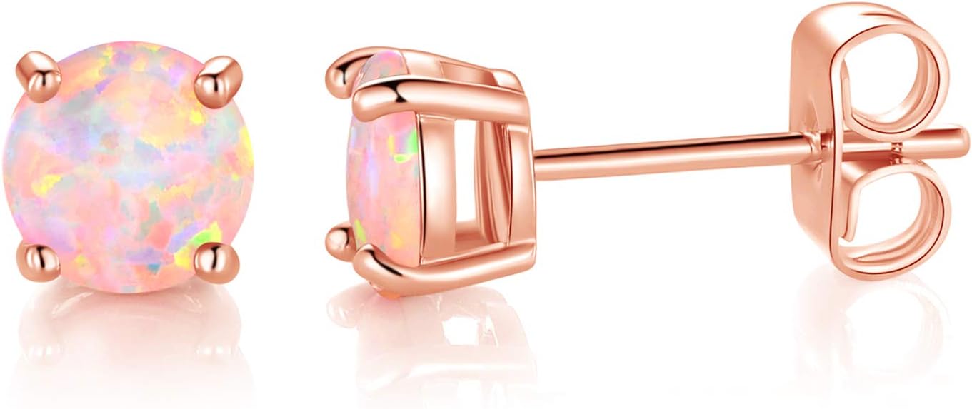 MDFUN 18K WhiteRose Gold Plated Round Opal Stud Earrings for Women Hypoallergenic Birthstone Earrings Jewelry