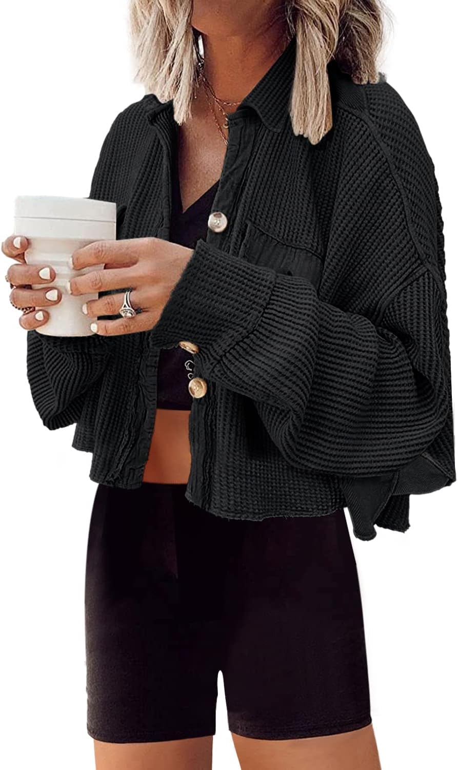 Panadila Womens Cropped Waffle Knit Shacket Short Button Down Jacket Batwing Sleeve Shirts with Pocket