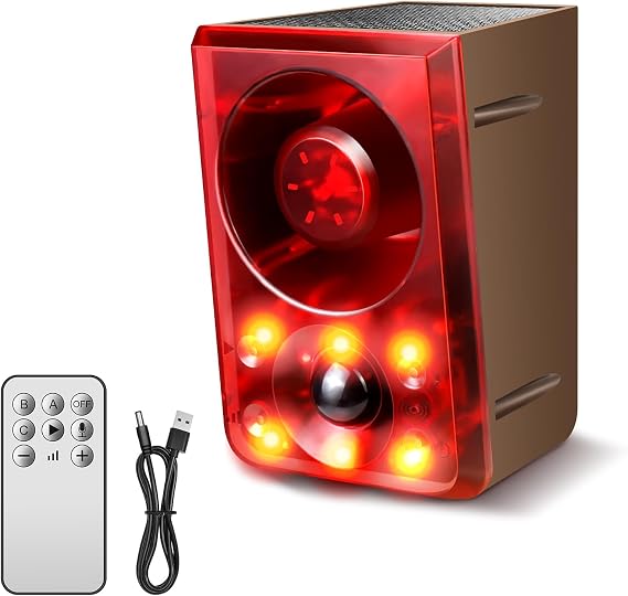 Solar Outdoor Motion Sensor Alarm, Dog Barking&Gunshot Sound,130db Loud | Support Recording,13 Kinds of Sound and Strobe Light to Deter Raccoons, Deer, Skunks, Bears, and Coyotes (2 Pack)