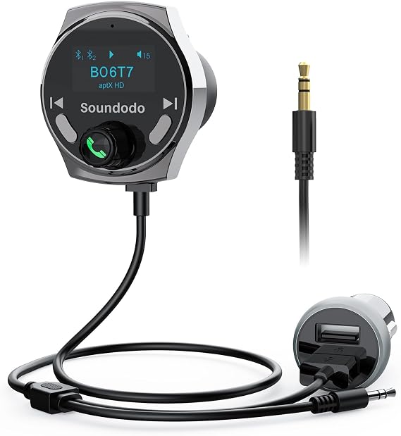 Bluetooth Aux Adapter for Car, Aux Bluetooth Receiver with USB Car Charger, Support Music/Hands-Free Calling/Home Stereo, Enhanced Mic/LED Display
