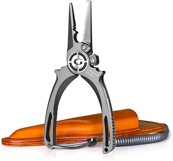 GOMEXUS Fishing Pliers Saltwater with Side Cutters, Never Rust Inshore & Nearshore Titanium Fishing gear with Lanyard & Leather Sheath, Hook Remover, (7'' Split Ring Nose)