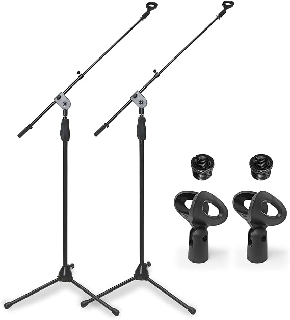 AxcessAbles One-Handed Quick Release Microphone Stand. 74" Height Clutch Adjustment Tripod Mic Stand with 35" Boom Arm. For Singing, Studio and Instruments (2-Pack)