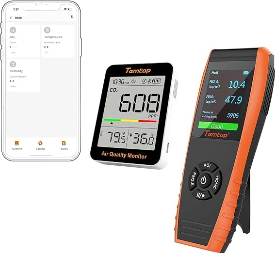 Temtop Air Quality Monitor LKC1000S+ 2nd Detects PM2.5 PM10 Formaldehyde TVOC AQI Temperature Humidity Tester Particle Counter & C1+ Bluetooth CO2 Detector Digital Thermo-Hygrometer