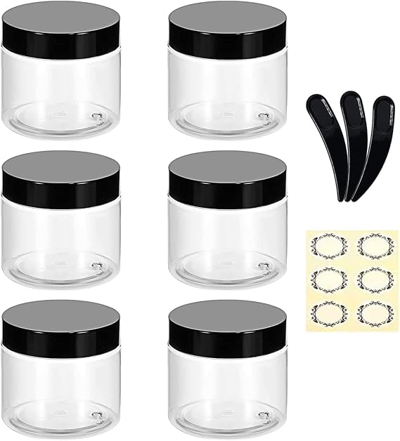 6Pcs 100g/100ml Clear Plastic Jars with 3Pcs Mini Spatulas & Labels Round Cosmetic Sample Container with Inner Liners & Black Lids for Lotions Cream Ointments Travel Makeup Beauty Storage