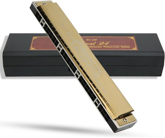 Harmonica, 24‑Hole Harmonica F Key Harmonica Professional Mouthorgan Musical Instrument Chromatic Harmonica for Adults, Professionals, Beginners(Gold F Key)