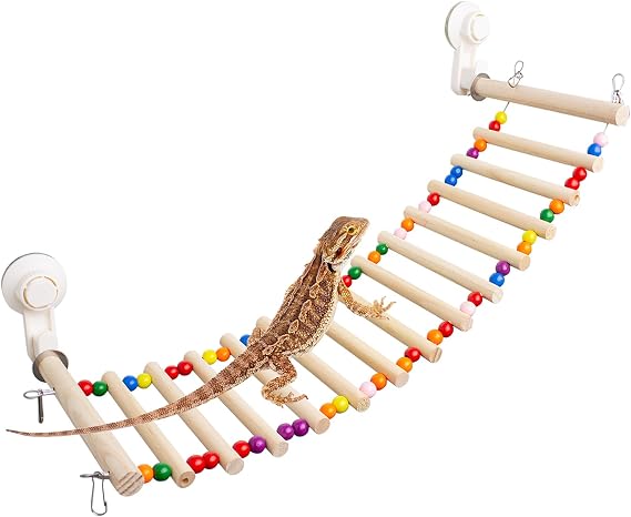 FlidRunest Bearded Dragon Window Ladder with 2 Sturdy Suction Cups, 21.6''x7.1'' Large Lizard Wood Climbing Perch Bridge, Reptile Hammock Perch Tank Accessories for Lizard, Leopard Gecko, Chameleon
