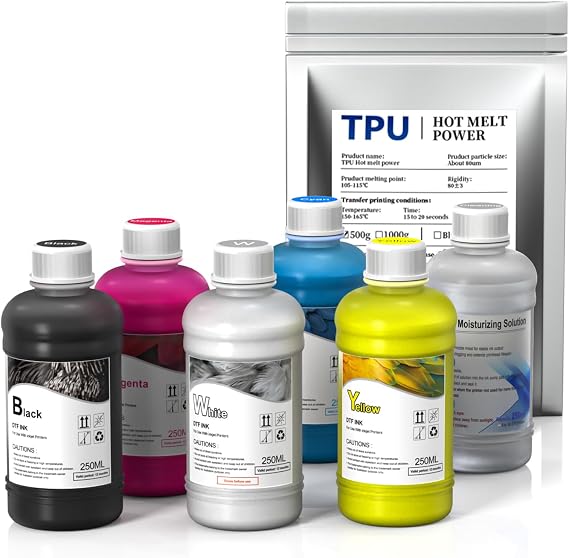 DSV DTF Ink for DTF Heat Transfer Film Printing Direct to Film, Refill for DTF Printers Epson L1800, L800, R2400, XP-15000, P400, P800(5 * 250ML CMYKW