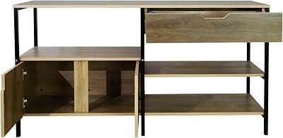 Industrial Sideboard Cabinet, Modern Storage Furniture with 1 Drawer, 3-Level Shelves & 1 Cabinet, Sturdy Metal Frame & Wood Construction, Light Oak Finish