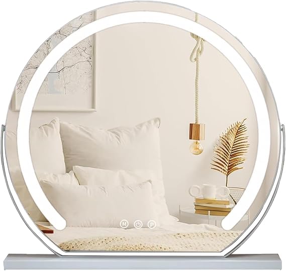 Round Led Mirror for Dressing Table, Freestanding Tabletop Vanity Mirror with Lights, Light Up Makeup Mirror White, Dimmable 3 Color Temperatures, Metal Frame and Stand