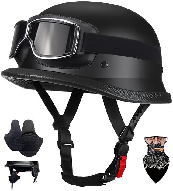 Vintage German-Style Motorcycle Half Helmet ECE 22.06 Approved - ABS Shell with EPS Buffer Breathable Lining, Ultra-Light Open Face Motorbike Helmet w Removable Ear Pads
