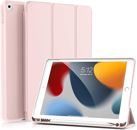 KenKe Case for iPad 9th Generation 2021/ iPad 8th Generation 2020/ iPad 7th Generation 2019 10.2 inch, Built-in Pencil Holder, Slim Trifold Stand Cover with Soft TPU Back, Auto Wake/Sleep, Pink