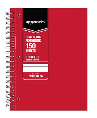 Amazon Basics Wide Ruled Wirebound 3-Subject 150-Sheet Notebook with Pocket Divider - Pack of 6, 10.5 x 8 Inch, Multi-Color