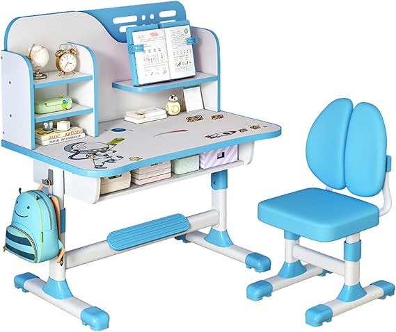 Upgraded Kid's Desk and Chair Set, Adjustable Children's Study Table with Bookshelf and Storage Drawer, 50-Degree Tiltable Desktop with Chair for Bedroom (Blue1 111cm)