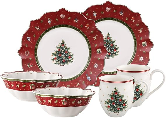Villeroy & Boch Toy's Delight 6-Piece Breakfast Set for 2, Red | Red porcelain breakfast set, dishwasher and microwave safe, brings a nostalgic Christmas morning to the table for two