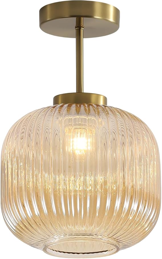 KCO Lighting MCM 7.9 Ribbed Amber Glass Semi Flush Mount Ceiling Light