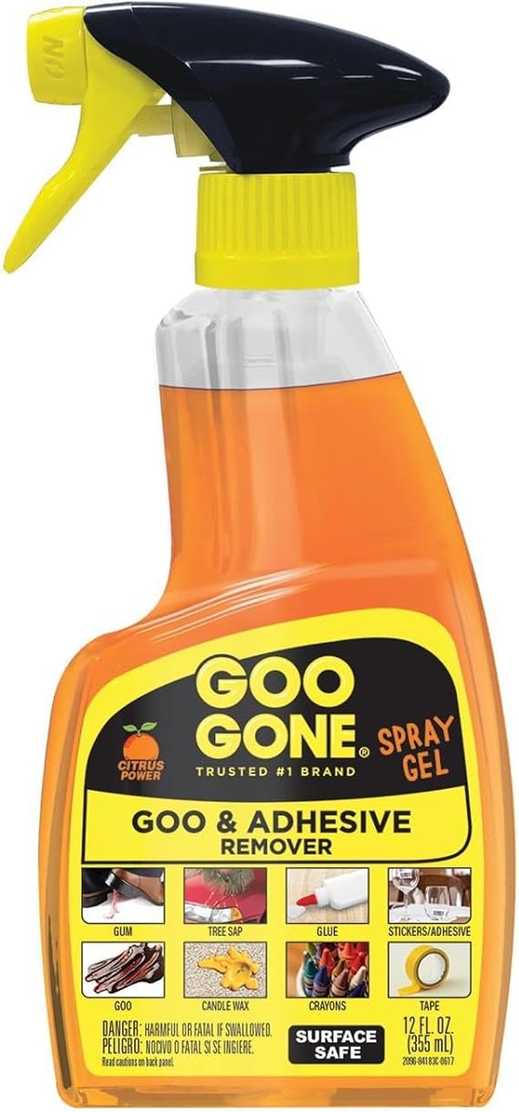 Goo Gone Adhesive Remover Spray Gel Removes Chewing Gum Grease Tar Stickers Labels Tape Residue Oil Blood Lipstick Mascara Shoe Polish Crayon Ounce, Orange, original, 12 Fl Oz