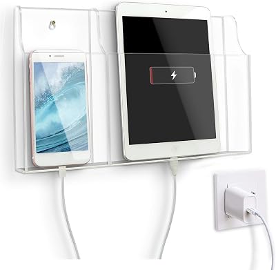 VANCORE Clear Wall Mounted Phone Holder Acrylic Remote Control Holder Media Organizer Caddy with Holes for Charging Phone Tablet Holder Two Compartments