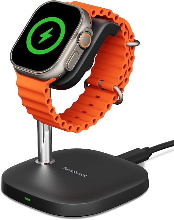 5W Fast Charging Charger Stand for Apple Watch, SwanScout Charger for Apple Watch 11/10/9/8/7/6/5/4/3, Ultra 3/Ultra 2/Ultra, for iWatch SE 3/SE 2, SwanScout 505A (Black) | for Charging Apple Watch Series Ultra 3/Ultra 2/Ultra/SE 3/SE 2, Fast Charging, Adjustable Charging Angle, SwanScout 505A