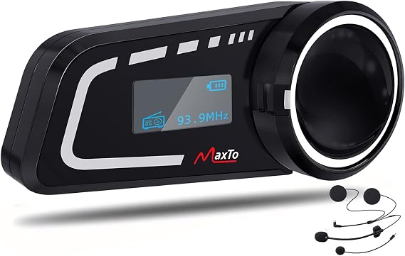 MAXTO M2C Motorcycle Bluetooth Headset, 1000M 6-Way Group Helmet Intercom Communication System with LCD Screen, IP65 Waterproof, FM, Dual Phone Connection, Noise Reduction, Soft and Hard Mic, 1 Pack