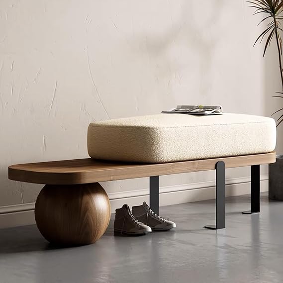Modern Entryway Bench,Wooden Boucle Bench with Abstract Metal Leg,upholstered End of Bed Bench,Shoe Changing Bench for Entryway Livingroom Bedroom(100cm/9.3", Walnut)