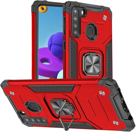 for Samsung A21 Case, Galaxy A21 Case, [ Military Grade ] Heavy Duty Shockproof Hard Rubber Bumper with 360 Rotation with Ring Kickstand Cases for Samsung Galaxy A21 (Red)