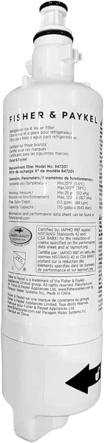 Fisher & Paykel 847201 Refrigerator Water Filter, Kitchen Fridge Filter | Replacement Part, IAPMO Certified Filters to Remove Contaminants, Chemicals, Chlorine for Fresher Tasting Drinking