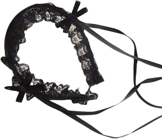 Women Ruffled Lace Sweet Headband Steampunk Japanese Style Ribbon Knot Hair Hoop Maid Costume Hair Accessories Black