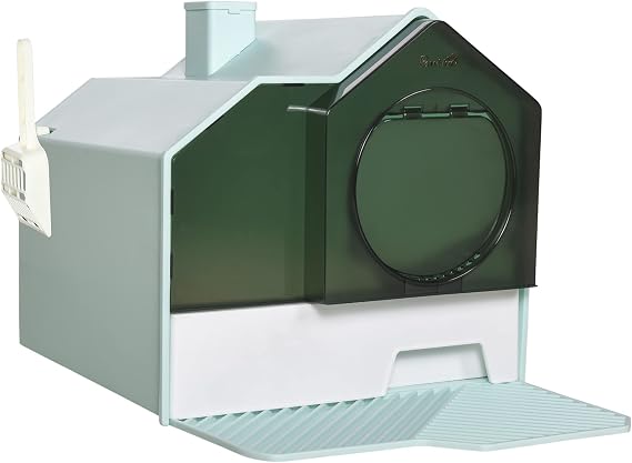 Hooded Cat Litter Box with Kitty Litter Mat, Kitty Litter Pan with Odor Control, Easy-Clean Pull-Out Drawer, Handle, Scoop, Light Blue