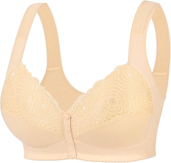 Daisy Lace Bras for Older Women: Front Snap Closure Bras, Comfort No Underwire Plus Size Front Button Daisy Bra for Seniors Apricot