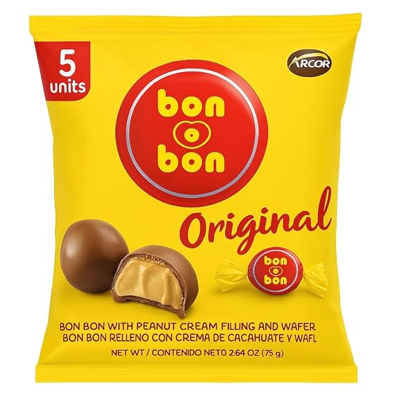 Bon o Bon Original Peanut Cream Filled Chocolate Bonbons - 5 Units Pack - Creamy Peanut Center, Smooth Chocolate Coating, Individually Wrapped Candy, Imported Snack Treat (Original)