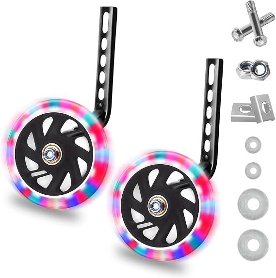 QKTYB Kids Bike Stabilisers, Bicycle Training Flash Wheels for Kids, Bike Stabilizers for Childs Support Wheels for 12 14 16 18 20 Inch (1 Pair)